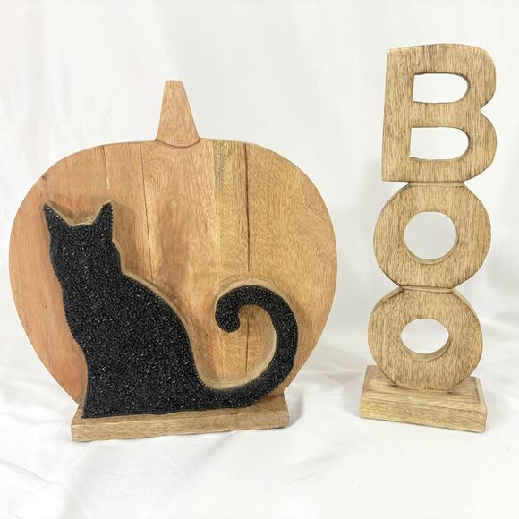 Wooden Standing Pumpkin w/Beaded Black Cat Halloween & Boo Sign - Set Of 2 - Picture 1 of 3